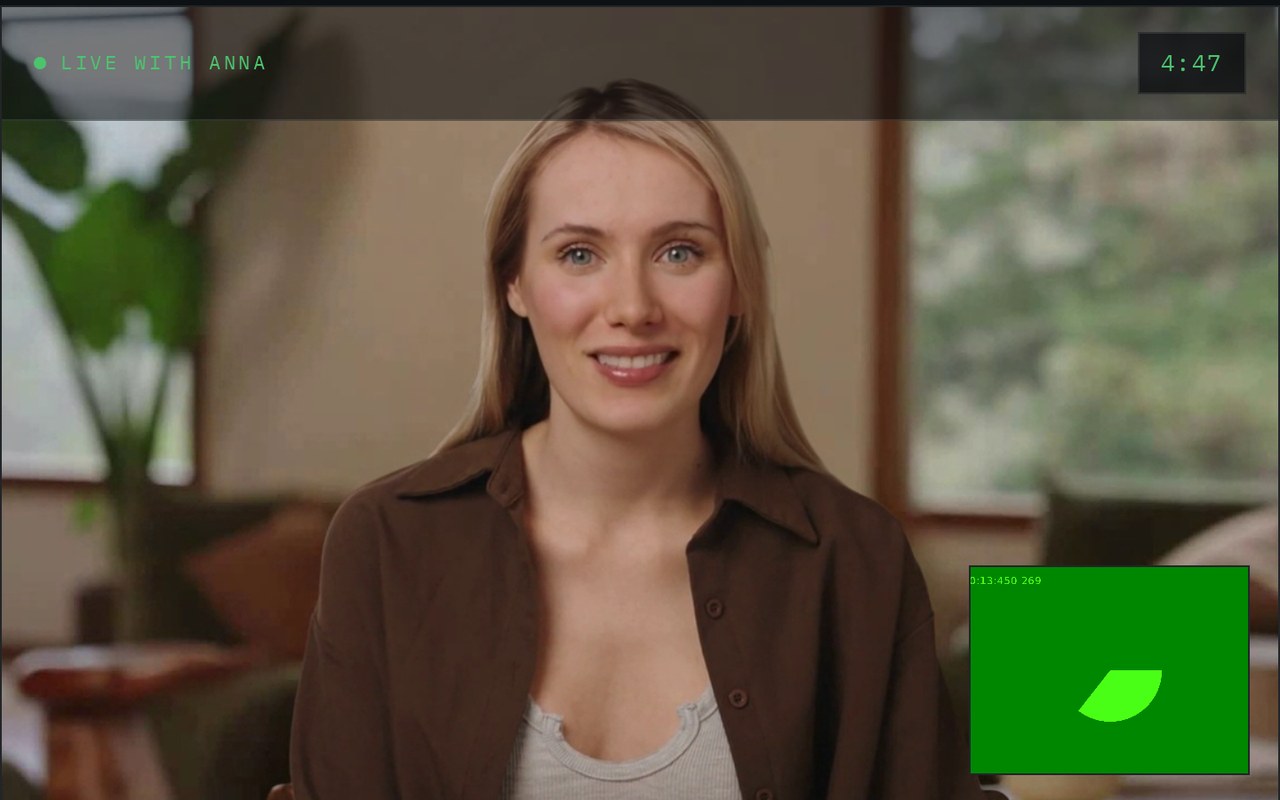 Screenshot of a live video conversation with Anna, the Agentic Specialists business development agent, showing the live status indicator and the remaining session timer.