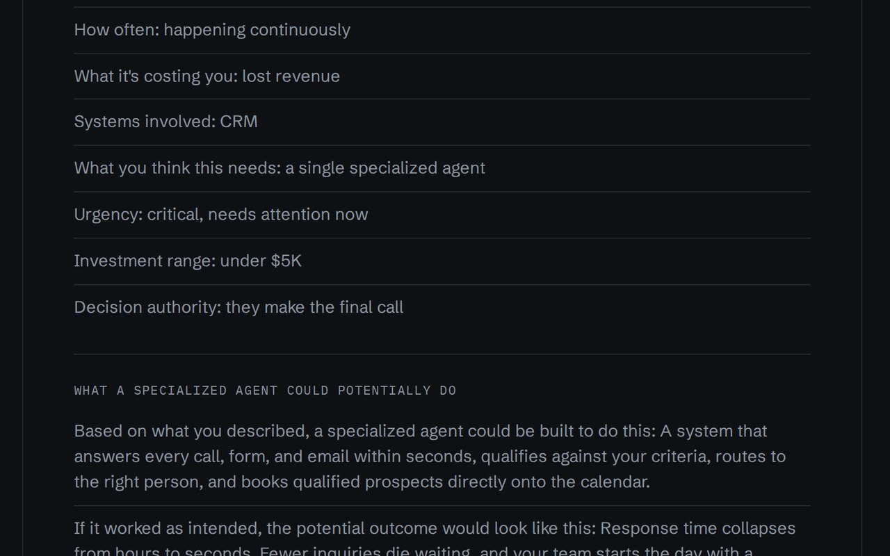 Screenshot of the Agentic Specialists diagnostic result panel, headed 'Your strongest initial AI opportunity, inferred from your answers', naming an Intake and Response System, with a 'why this appears to fit' section beneath it.